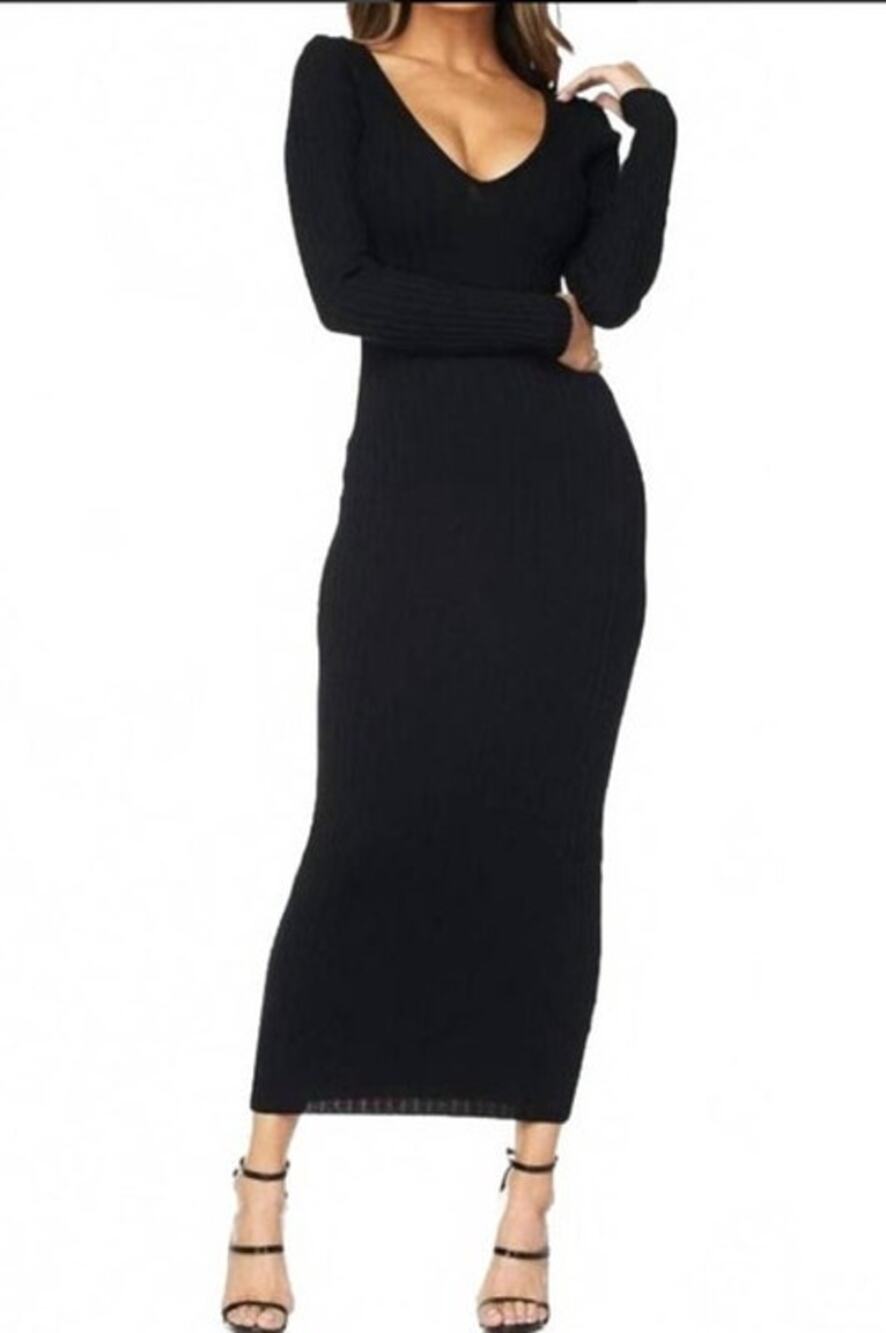 Hera Collection Ribbed Knit Maxi Dress Black L Elegant Bodycon